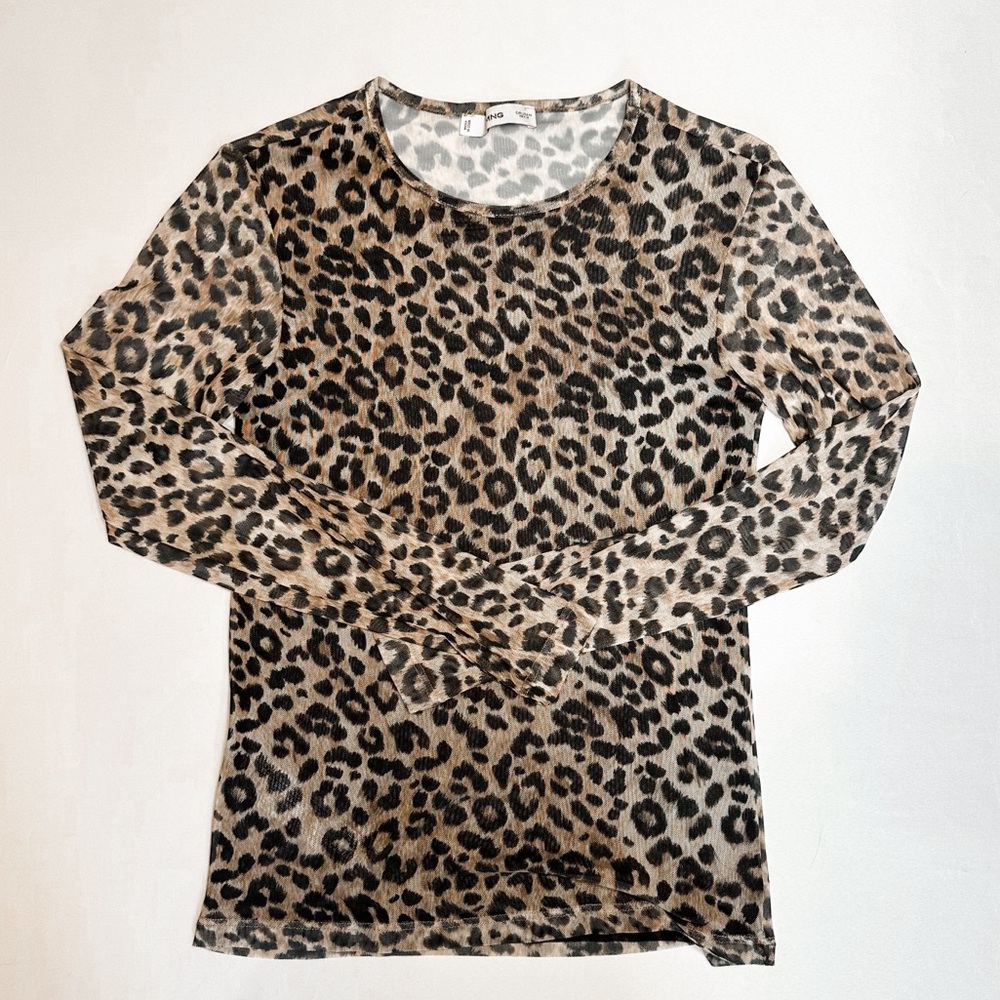 Mango Leopard Print Sheer Mesh Long Sleeve